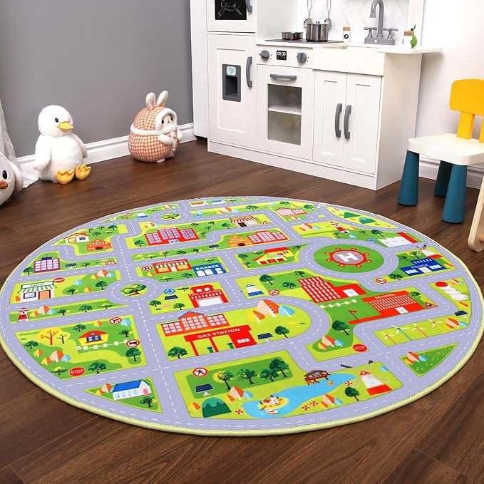 Round Rug 4x4 ft Kids Round Play Carpet City Traffic Road Kids Rug Low Pile Non Slip Fun Carpet for Kids Baby Learning Exercise Mat Educational Car Rug for Toddler Boy Bedroom Playroom Grey