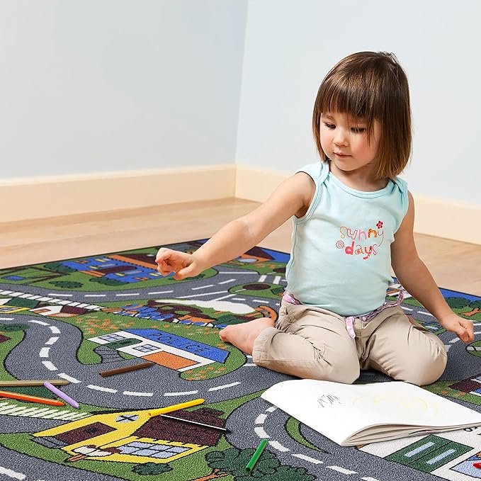 Ottomanson 3'3" x 5' Kids Road Map Rug - Interactive City Traffic Play Mat for Toy Cars - Perfect for Playroom, Bedroom, Daycare & Classroom - Durable & Non-Slip for High-Traffic Areas, Multicolor