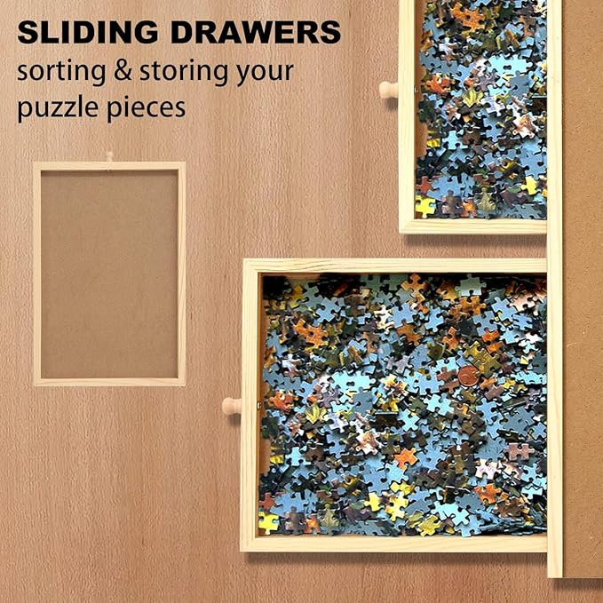 Puzzle Tables with Cover, Jigsaw Puzzle Board 1500Pcs Puzzle Table with 6 Removable Storage and Sorting Drawers 26 inch x 35 inch Smooth Plateau Fiberboard Work Surface for Games and Puzzles