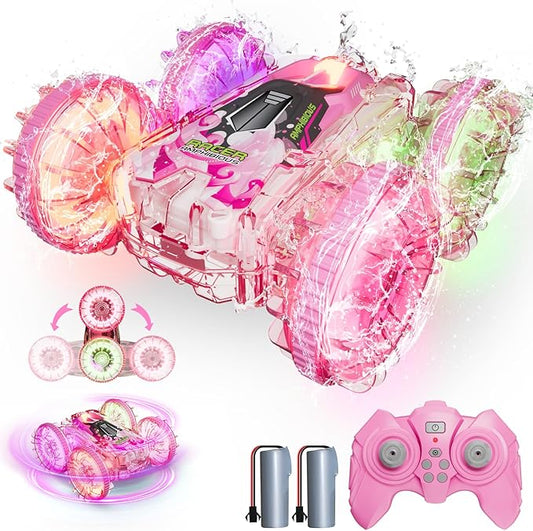 Amphibious Remote Control Car for Water or Land Play, RC Car for Kids Girls with LED Lights 4WD Stunt Car Pink Pool Toys with 70/36Minutes Play 2Batteries,360°Rotation,180°Flip,2.4GHz Remote