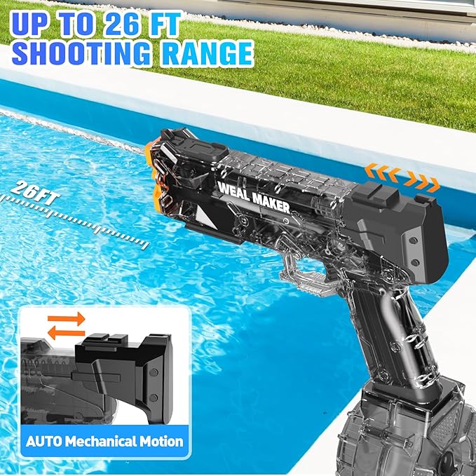 artcool Stronger Electric Water Gun for Kid/Aldult,Transparent Automatic Squirt Guns High Powered IP67 Waterproof, Water Guns with 400 Ammos for Outdoor Summer Beach Pool （Black）