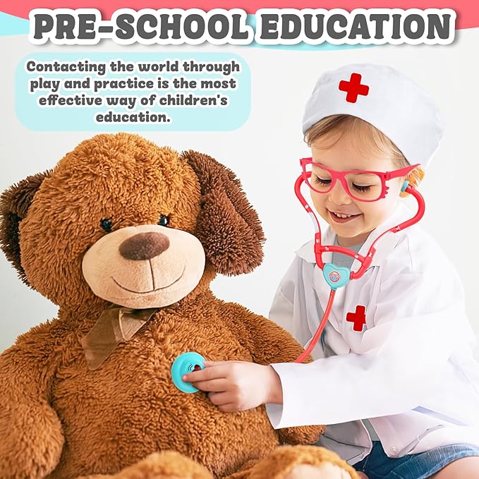 deAO Doctor Kit for Kids Ages 3+, Pretend Doctor Play Set with Doctor Cart, Costume and Stethoscope, Toddlers Doctor Role Playset Medical Kit for Girls Boys (Pink)