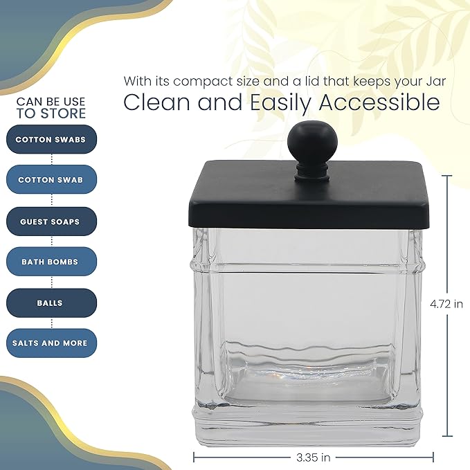 H Halston Apothecary Glass Cotton Jar Holder for Qtips, Cotton Balls, Floss, Storage Canister, Bathroom Organization, With Matte Black 304L Stainless Steel Lid, Makeup Vanity Organizer