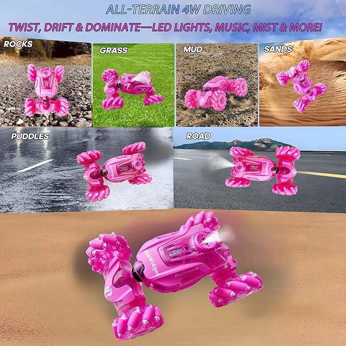Pink Remote Control Car for Girls, Gesture Sensing Stunt Remote Control with Light & Music, 4WD 360° Rotating, 2.4Ghz RC Car, Birthday Gift for Kids Age 3-12 & 4-10 Best Gift for Girls