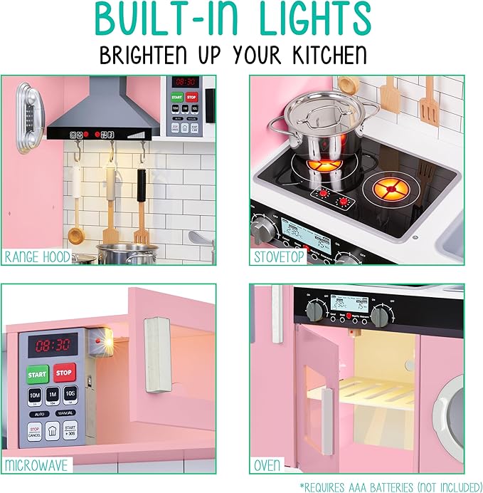 Lil’ Jumbl Kids Pink Kitchen Set, Pretend Wooden Play Kitchen, Battery Operated Icemaker, Microwave, Range Hood, Stove Top, Oven, with Realistic Sound & Lights, Pots, Pan, & Utensils Included