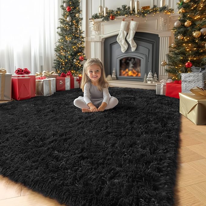 Black Rug 8x10 for Living Room Bedroom, Large Big Fluffy Modern Area Rugs for Kids Room Decor Aesthetic, Shaggy Furry Floor Carpet for Dorm Office Playroom Nursery Classroom, Baby Teen Boys Mens Rug