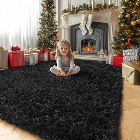 Black Rug 8x10 for Living Room Bedroom, Large Big Fluffy Modern Area Rugs for Kids Room Decor Aesthetic, Shaggy Furry Floor Carpet for Dorm Office Playroom Nursery Classroom, Baby Teen Boys Mens Rug