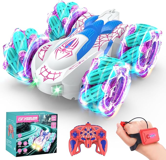 Remote Control Car 2.4Ghz RC Cars with LED Lights Double Sided Off-Road 360°Rotating Roll RC Cars Rechargeable 4WD RC Stunt Car Indoor Outdoor Toys for Boys Girls 6-13 Gifts (Pink)