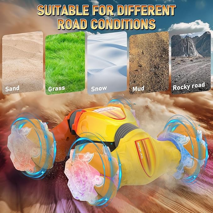 Gesture Sensor RC Cars, Hand Controlled Stunt Remote Control Car Toys for 6-12 yr Kids Boys, 2.4GHz 4WD Double Sided RC Twist Car with Lights Music, Birthday Xmas Gifts for Boys Girls, Yellow