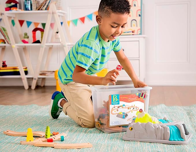 B. toys- Wood & Wheels Train Set- 47pc Wooden Train Set- Train Tracks & Accessories – Storage Bucket with Mountain Lid – Classic Toys for Toddlers, Kids – 3 Years +