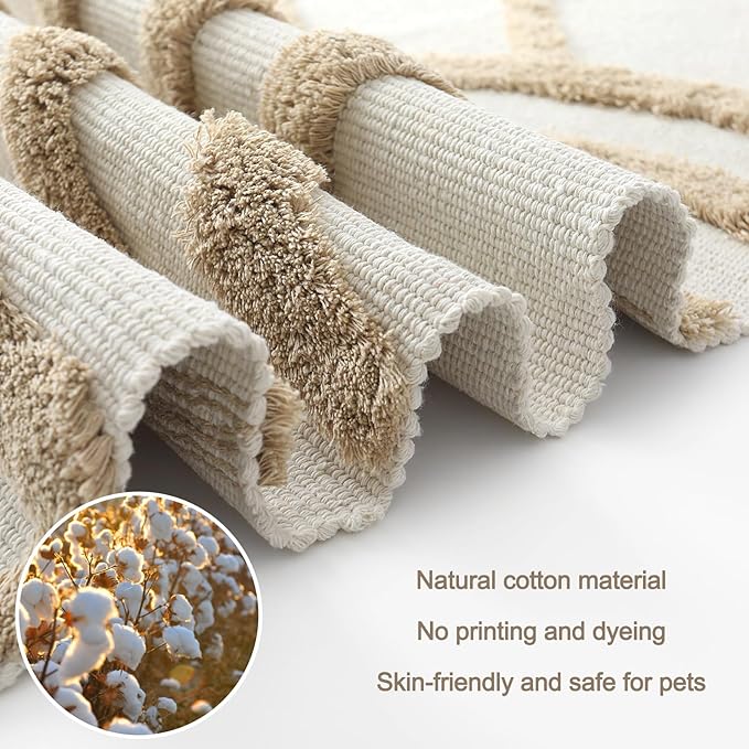 OJIA Boho 4'X6' Washable Rug, Cotton Tan Bedroom Rug Bohemian Area Rugs for Living Room/Kids Room, Tufted Sun Rug Nursery Rug Modern Farmhouse Floor Carpet for Bedside/Dorm