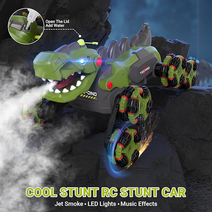 8WD RC Stunt Car Toys for Kids,2.4Ghz Remote Control Dinosaur toys 360° Rotating Changeable RC Stunt Dinosaur Remote Control Dinosaur Car Toys with Spray Lights, Birthday Gifts for Boys Girls Kids