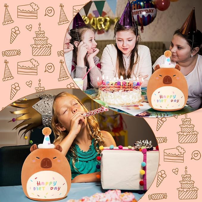 SQEQE Capybara Stuffed Animal Toy Happy Birthday Capybara Plush Cute Birthday Plushies Doll Home Decor for Kids Girls Boys 10 Inch