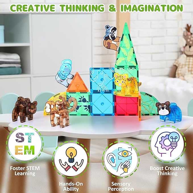 Magnetic Tiles Animals Jungle Gifts Building Sets,Toddler Magnetic Toys for Kids Ages 4-8,Forest Montessori Magnet Tiles Set, Safari Zoo Animal Toys,STEM Construction Magnetic Blocks for Toddlers 3-5