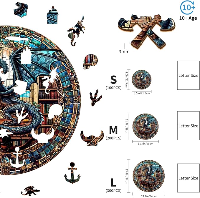 KAAYEE Wooden Puzzles for Adults-Dragon Library Wooden Jigsaw Puzzle Unique Shape Wooden Puzzle Wood Puzzle for Adults,Family Puzzles for Adults (S-8.5 * 8.5in-100pcs)