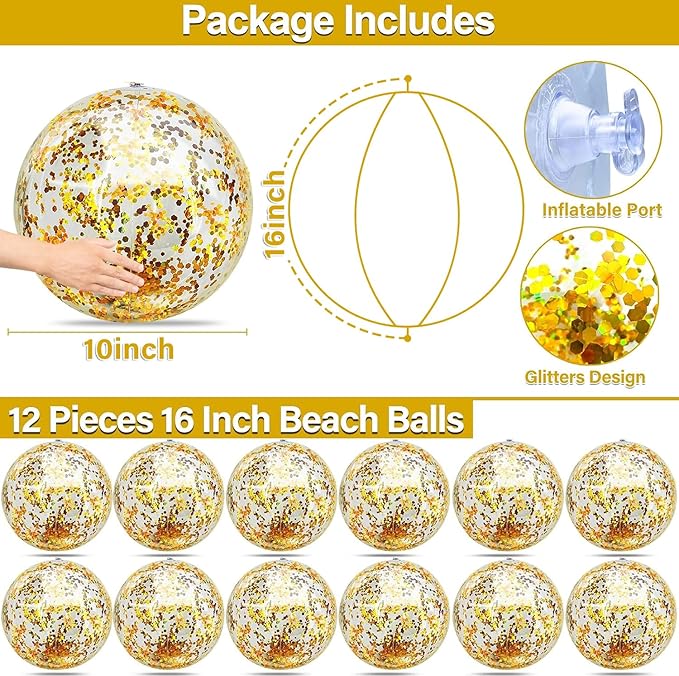 12 Pack Inflatable Beach Balls Bulk 16" Glitters Pool Toys Balls for Pool, Beach, Summer Pool Party - Swimming Pool Game Water Beach Toys Kid Party Favor Decorations Summer Blow Up Beach Ball