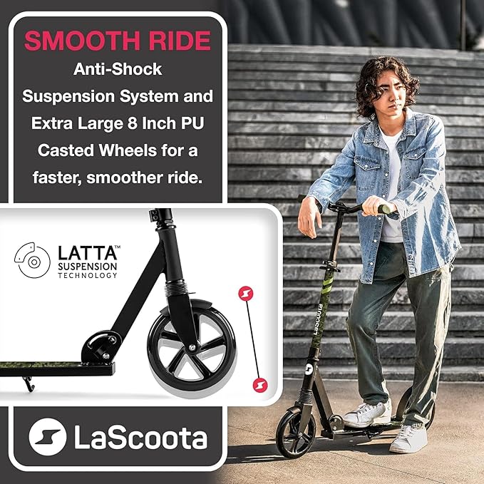 LaScoota Kick Scooter for Kids Ages 6+, Teens & Adults, Large 8" Sturdy Urethane Wheels. Adjustable Handlebar, Lightweight, Foldable, 220lbs Max Load