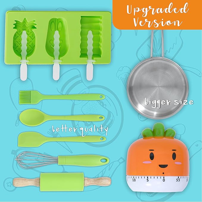 Real Cooking Set,Carolart Kids Baking Set,Kids Knife Set,Cookware,Kids Play Pots and Pans,Mini Stainless Steel Pretend Play Cooking Toys,Apron and Chef Hat for Boys,Sensory Toys…