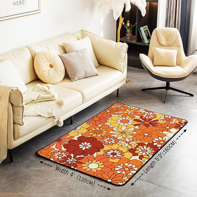 Boho Floral Area Rug 4x5 Retro Groovy Flowers Carpet 60S 70S Hippie Flower Power Decorative Rug for Kids Girls Women Groovy Natural Garden Botanical Orange Brown Non Slip Rug for Bedroom