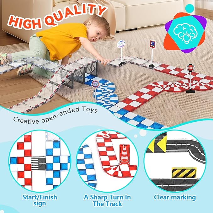 Magnetic Tiles Road Set, Magnetic Blocks Building Toys for 3+ Year Old Boys Girls, Magnet Construction Toys Preschool Educational Kids Magnet Tiles for Toddlers 3-5 4-8 (Magnetic Tiles Racing Track)