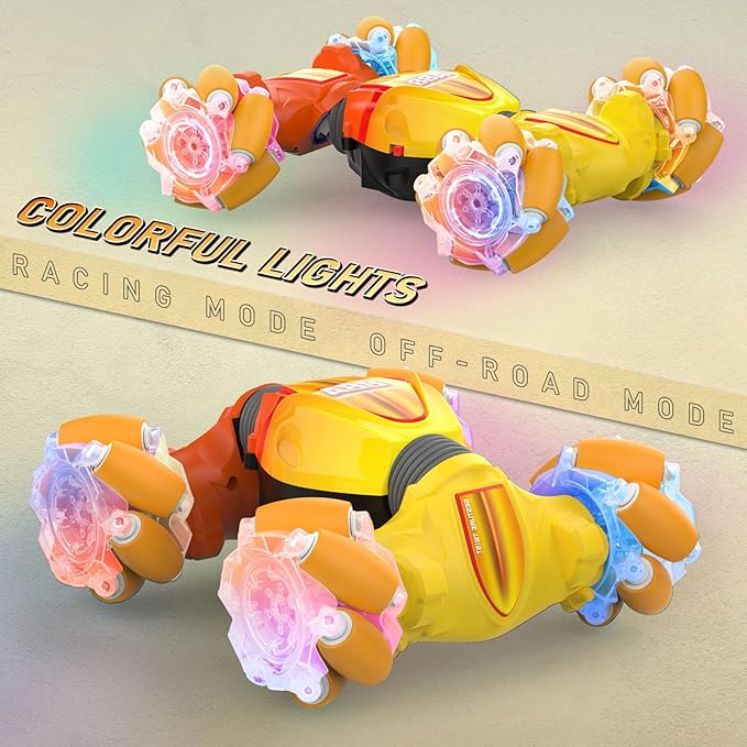 Gesture Sensor RC Cars, Hand Controlled Stunt Remote Control Car Toys for 6-12 yr Kids Boys, 2.4GHz 4WD Double Sided RC Twist Car with Lights Music, Birthday Xmas Gifts for Boys Girls, Yellow