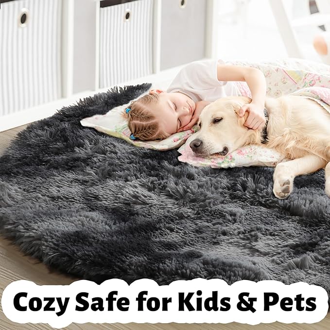 Amdrebio Tie-Dyed Dark Grey Round Area Rugs for Living Room, 7x7 Rug, Soft Thick Large Circle Rug for Bedroom, Big Shag Fluffy Plush Carpet for Mens Boys Kids Room, Modern Cool Furry Circular Rug