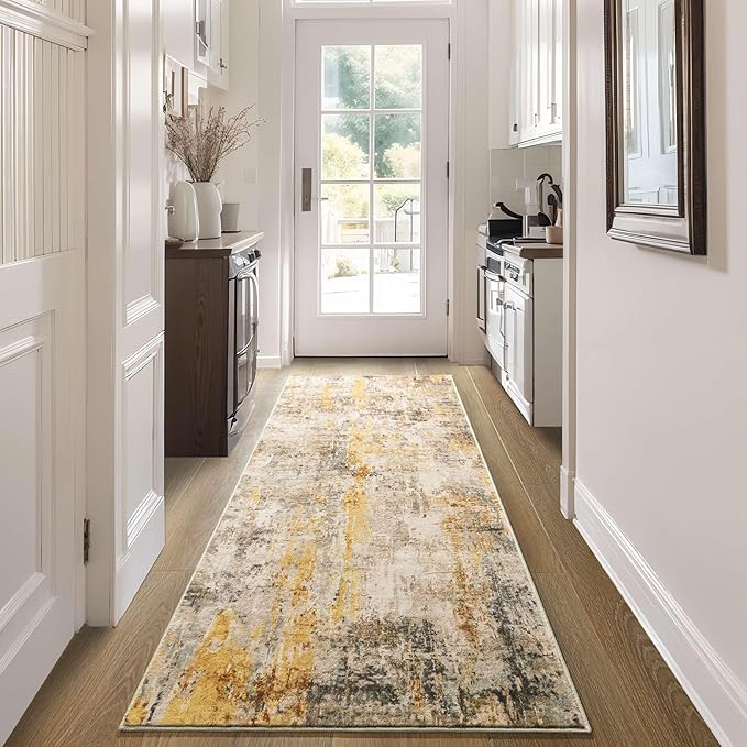 Runner Rug for Kitchen Beige Hallways Runner Rug Non Slip 2'6''x8' Washable Long Runner Rugs with Rubber Backing Soft Abstract Carpet Runner for Entryway, Kitchen, Bedroom, Bathroom