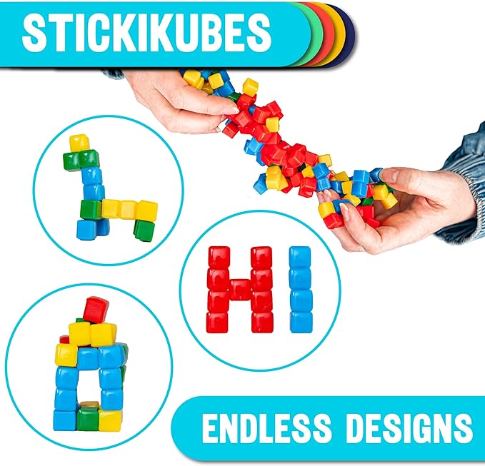 KOMARC GAMES StickiKubes, Mini Stacking Cubes That Stick to Anything, Non Toxic Kid Safe Sticky Blocks, Creative Construction Toy - 36 Cubes, 4 Colors, Display Easel