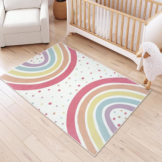 STARUIA Washable Rainbow Area Rug for Girls Bedroom, Colorful 4x6 Nursery Kid Room Rug, Non-Slip Soft Polka Dot Carpet for Classroom Playroom Tent Castle
