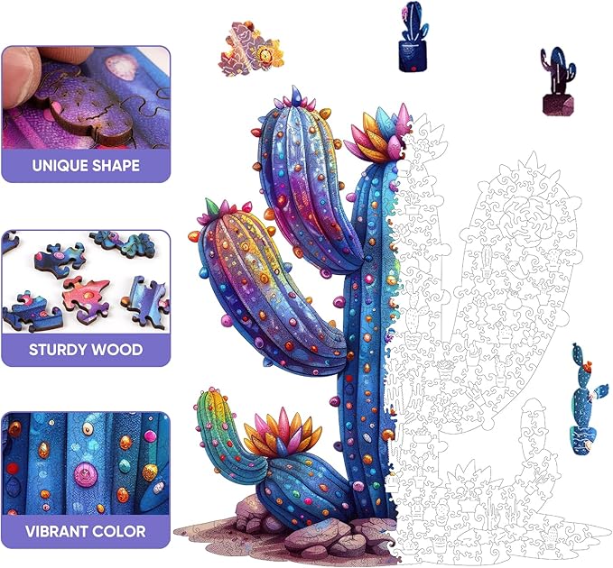 Wooden Puzzles for Adults,Cactus Wooden Jigsaw Puzzles 200pcs,11.5x12.6in,Medium,Unique Shape Adult Puzzles,Irregular Wood Puzzles Creative Gift for Adults and Kids Family Game