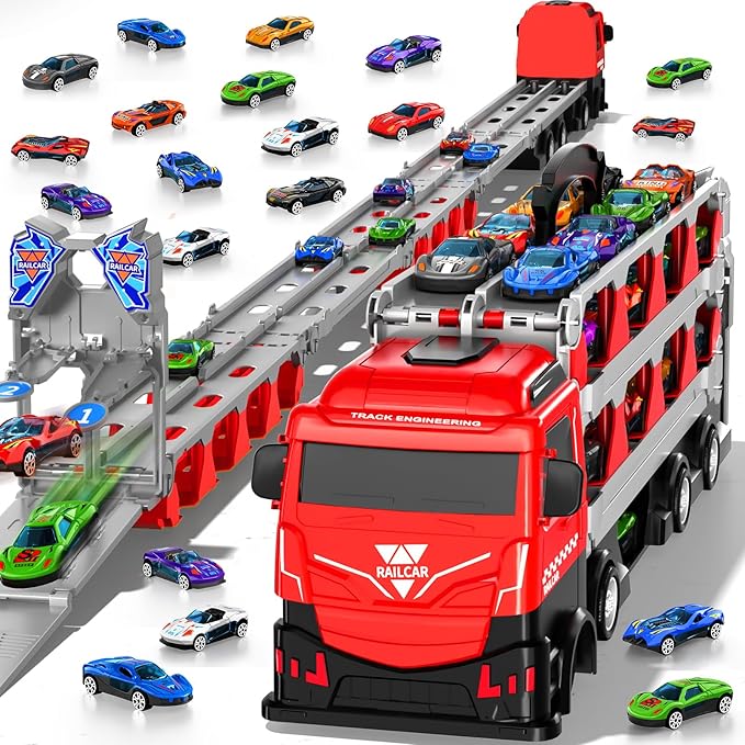 Racing Car Railway Truck Toy for Boys 2 3 4 5 6 7 Years Old - 78.7-inch Transport Carrier Trucks, Foldable Tracks Storage, die-cast Car, for Toddlers and Kids Aged 3-5