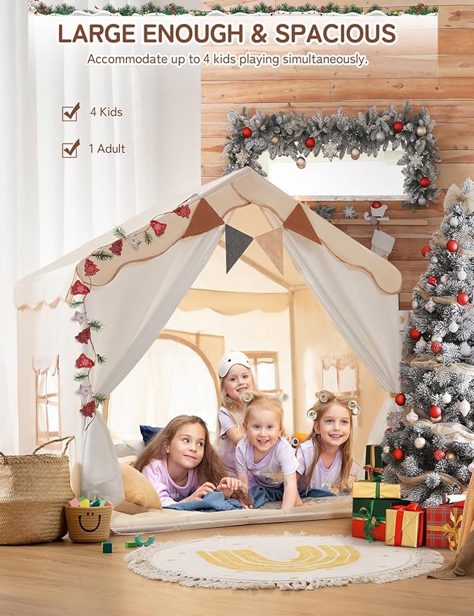 besrey Kids Tent, Kids Playhouse 2 in 1 with Padded Mat and Lights, Large Play Tent with 2 Doors & 4 Windows, Kids Play Tent Indoor & Outdoor, Christmas Toddler Tent for Kids, 51" x35" x 51"