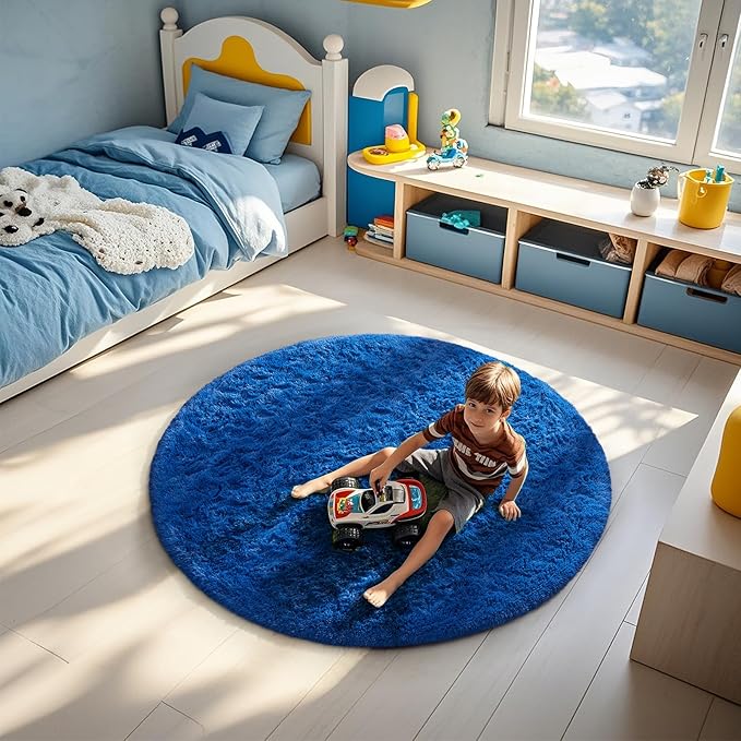 Ophanie Round Rug 4Ft Blue Circle Area Rug, Boys Room Decor, Fluffy Fuzzy Bedroom Carpet, Plush Soft Shaggy Living Room Rugs for Kids Home Decor Aesthetic, Nursery