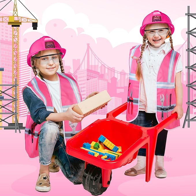 Handepo Construction Worker Costume Kids Hard Hat Construction Vest Goggles Toddler Dress Up Set Birthday Party Girls Boys(Pink, Black)