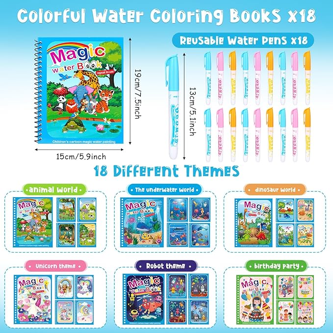 Qeeenar 18 Pack Water Coloring Books for Toddlers Reusable Water Books with Pens, Mess Free Coloring for Toddlers Animal Underwater Themed Painting Doodle Book