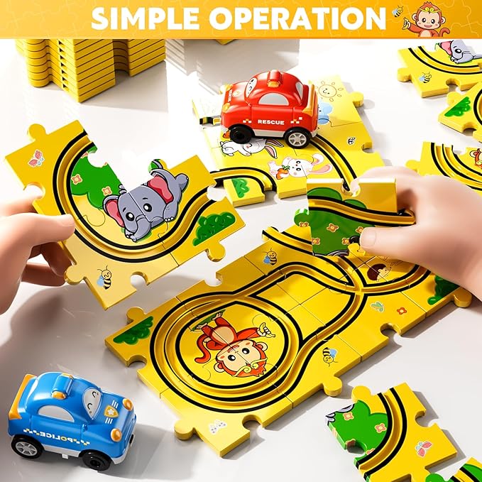 Bennol Puzzle Tracks Car Toys Gifts for 3 4 5 Year Old Boys, 48PCS Puzzle Racer Cars Play Set for Kids Ages 3-5 4-6, Toys Gifts for 3 4 5 Year Old Boys, Puzzle Racer Kids Car Track Set