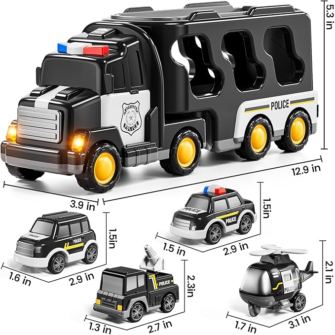 Police Truck Toy for 3 4 5 6 Years Old Boys - Carrier Vehicle Toy Set with 3 Small Cars and 1 Helicopter, Kids Firction Powered Car for Age 3-9, Gifts for Boys and Girls