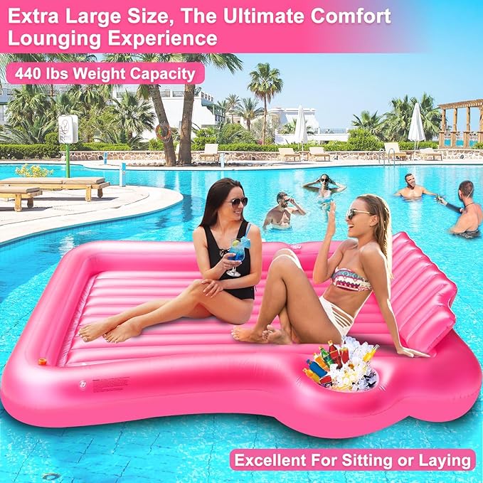 Inflatable Tanning Pool Lounger Float with Sprinkler, 83" x 63" Extra Large Pool Floats Adult with Pillow Cooler Tray, 6 in 1 Suntan Tub Raft Floatie Sunbathing Bed Water Summer Backyard Fun XL-Pink