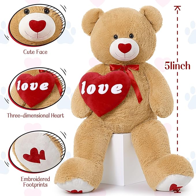 MorisMos Love Heart Giant Teddy Bear 4ft, 51inch Red Heart Large Bear for Girlfriend, Soft Valentine Stuffed Animals Plush Gift for Boyfriend Kids, Brown
