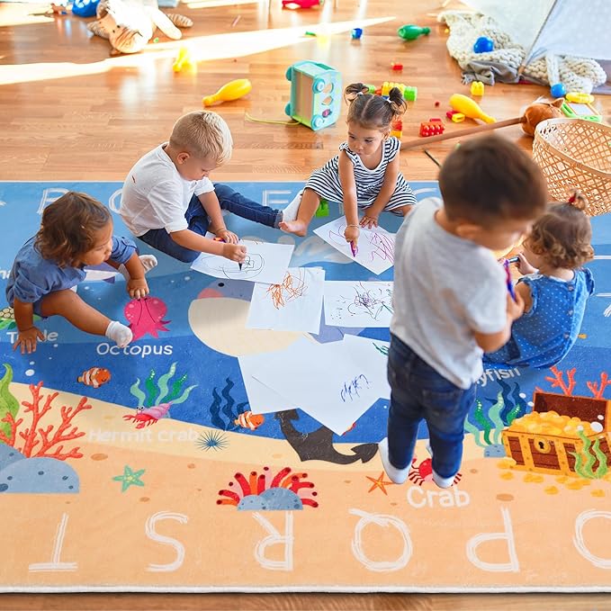 Kids Rugs for Playroom, 118.1"X94.4", ABC Alphabet Whale Kids Rug, Non-Slip, Washable, Educational