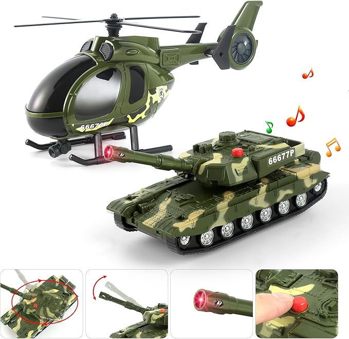 Dwi Dowellin Green Military Big Truck Toys,25.6" Semi Truck Toy with Helicopters and Tank,Army Toys with Lights & Sounds,Birthday Gift for 2 3 4 5 Years Old Boys and Girls