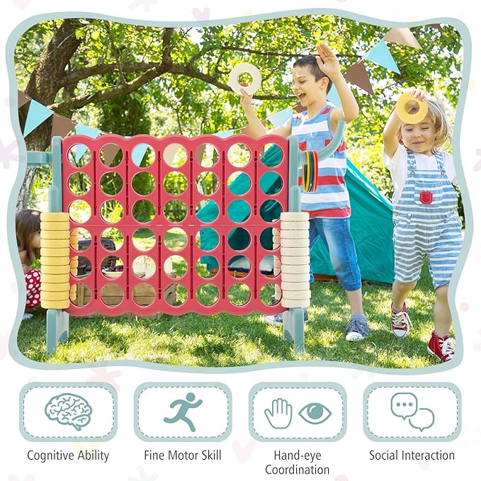 Costzon Giant 4-in-A-Row, Jumbo 4-to-Score Giant Game w/Basketball Hoop, Ring Toss, Quick-Release Slider, 42 Jumbo Rings, Indoor Outdoor Family Connect Game for Kids & Adults, Backyard Games