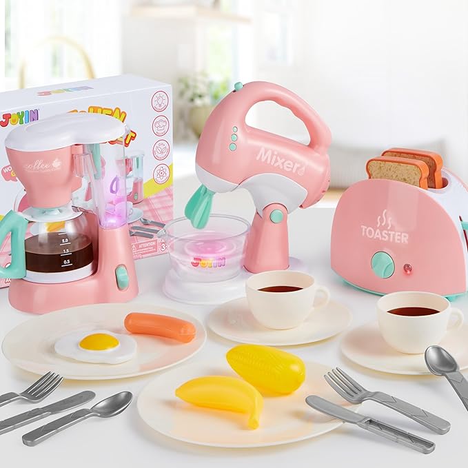 Joyin Play Kitchen Toys, Pretend and Play Food Kitchen Accessories GirlsToy with Coffee Maker, Mixer, Toaster with Realistic Lights& Sounds, Birthday Gift for Kids Ages 2 3 4 5, Pink