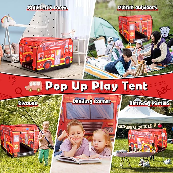 Pop up Play Tent for Kids Aged 1-3 Years Old Boys and Girls : Fire Truck Tent Playhouse Toy Play Tents for Toddlers 3-5 Kids Tent Indoor Outdoor Playhouse Toys for 1 + Year Old, Fire Truck