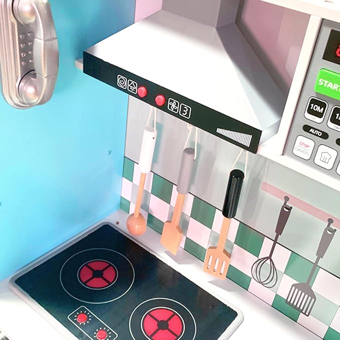 Lil’ Jumbl Kids Blue Kitchen Set, Pretend Wooden Play Kitchen, Battery Operated Icemaker, Microwave, Range Hood, Stove Top, Oven, with Realistic Sound & Lights, Pots, Pan, & Utensils Included