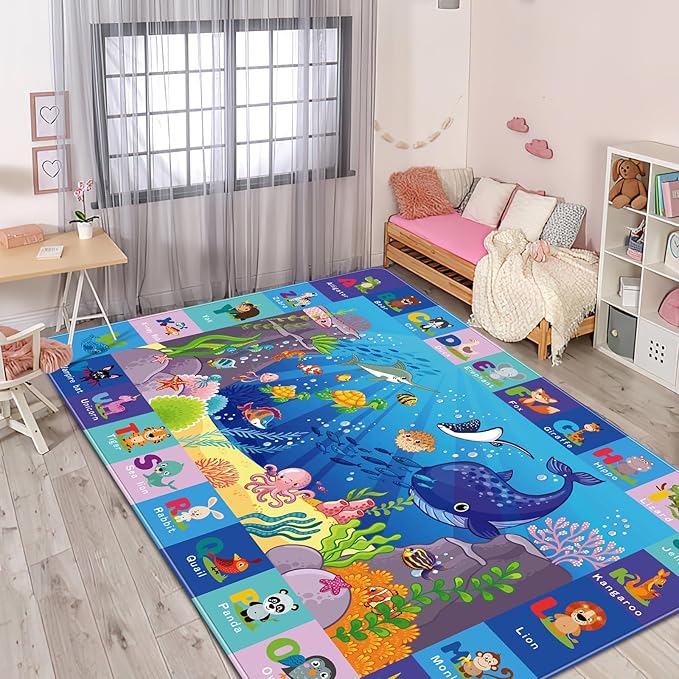 Baby Mat for Floor, Baby Kids Play Mat Rug, Playmat Baby Crawling Mat for Floor, Tummy Time Mat, Non-Toxic Non-Slip Foldable Kids Rugs for Playroom (Sea Animals, 59X39.4 INCH) Blue