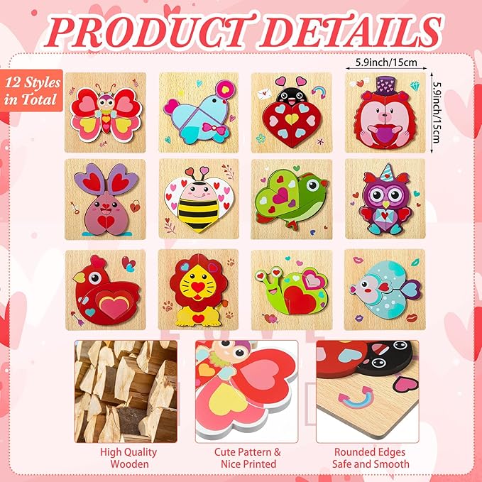 Capoda 12 Pack Valentines Animal Wooden Puzzles Wood Animal Jigsaw for Toddlers Montessori Preschool Learning Games Educational Toys for Boys Girls Classroom Exchange Gifts Party Favors