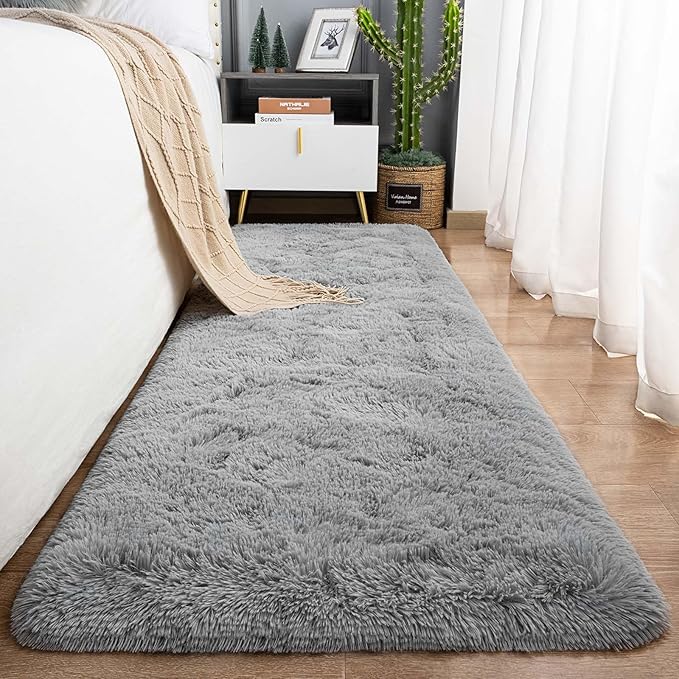 Ompaa Fluffy Grey Hallway Runner Rugs for Bedroom Bed Side Non-Slip, 2x6 Feet Long Carpet Rug Runner for Entrance Living Room Dorm, Plush Kids Playroom Baby Girls Nursery Decor Mats