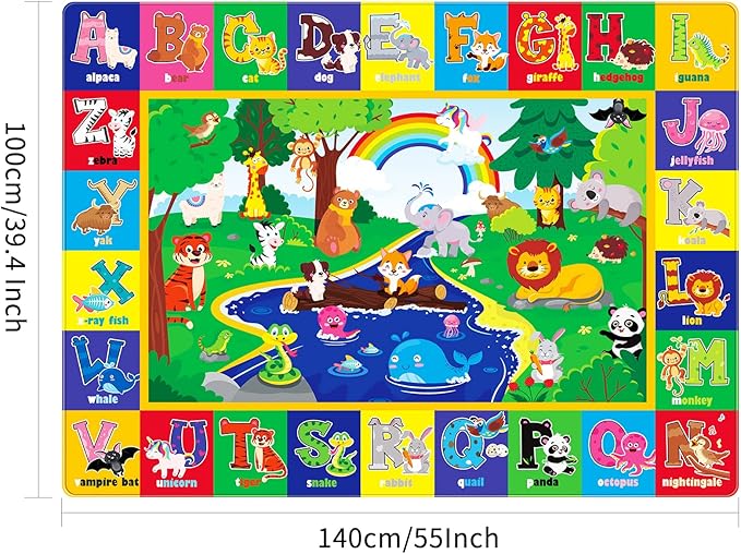 Kids Play Rug for Floor - Animal Print Baby Mat, ABC Educational, Non-Toxic & Soft for Crawling & Tummy Time, Nursery Rug (Green, 59x39.4 INCH)