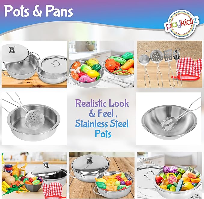 Playkidz Stainless Steel Pots and Pans - Toy Cookware 9 Piece Playset for Kids Pretend Play House - Great Birthday Gift for Girls